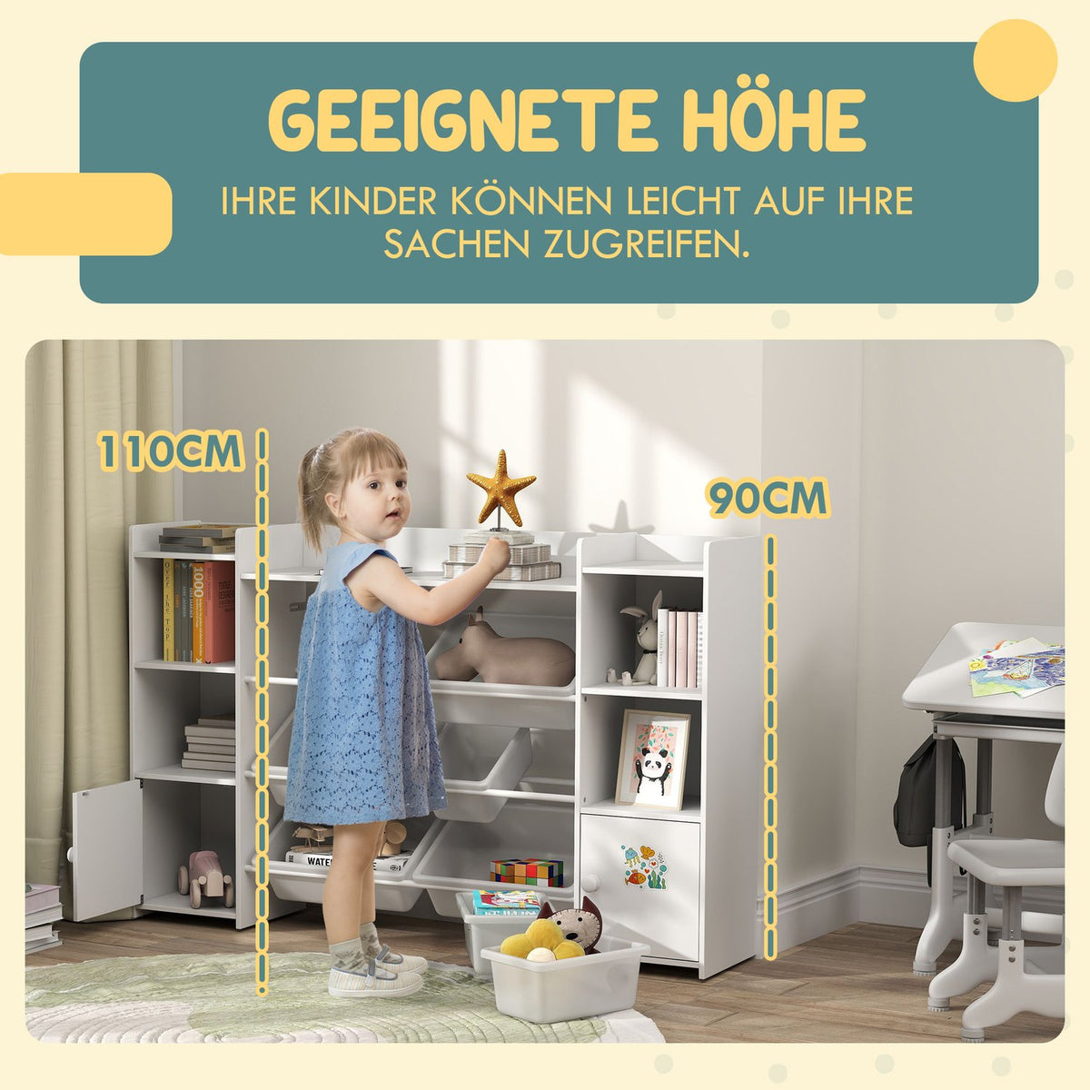 Children's shelf toy shelf with 8 removable boxes, 4 open compartments, 2 cupboard compartments, children's bookcase for children's rooms, kindergarten, 140 x 30 x 90 cm, white