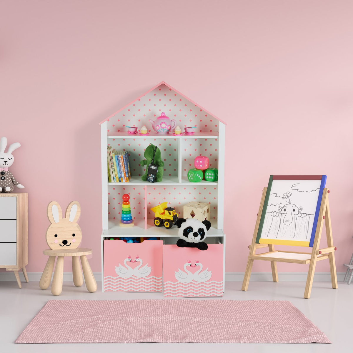 Children's shelf with roof in swan pattern