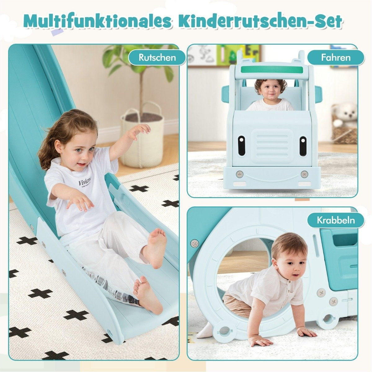 Children's slide 3 in 1 children's slide & car & tunnel steering wheel with horn for children from 18 months blue
