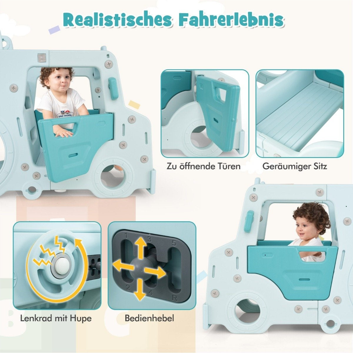 Children's slide 3 in 1 children's slide & car & tunnel steering wheel with horn for children from 18 months blue
