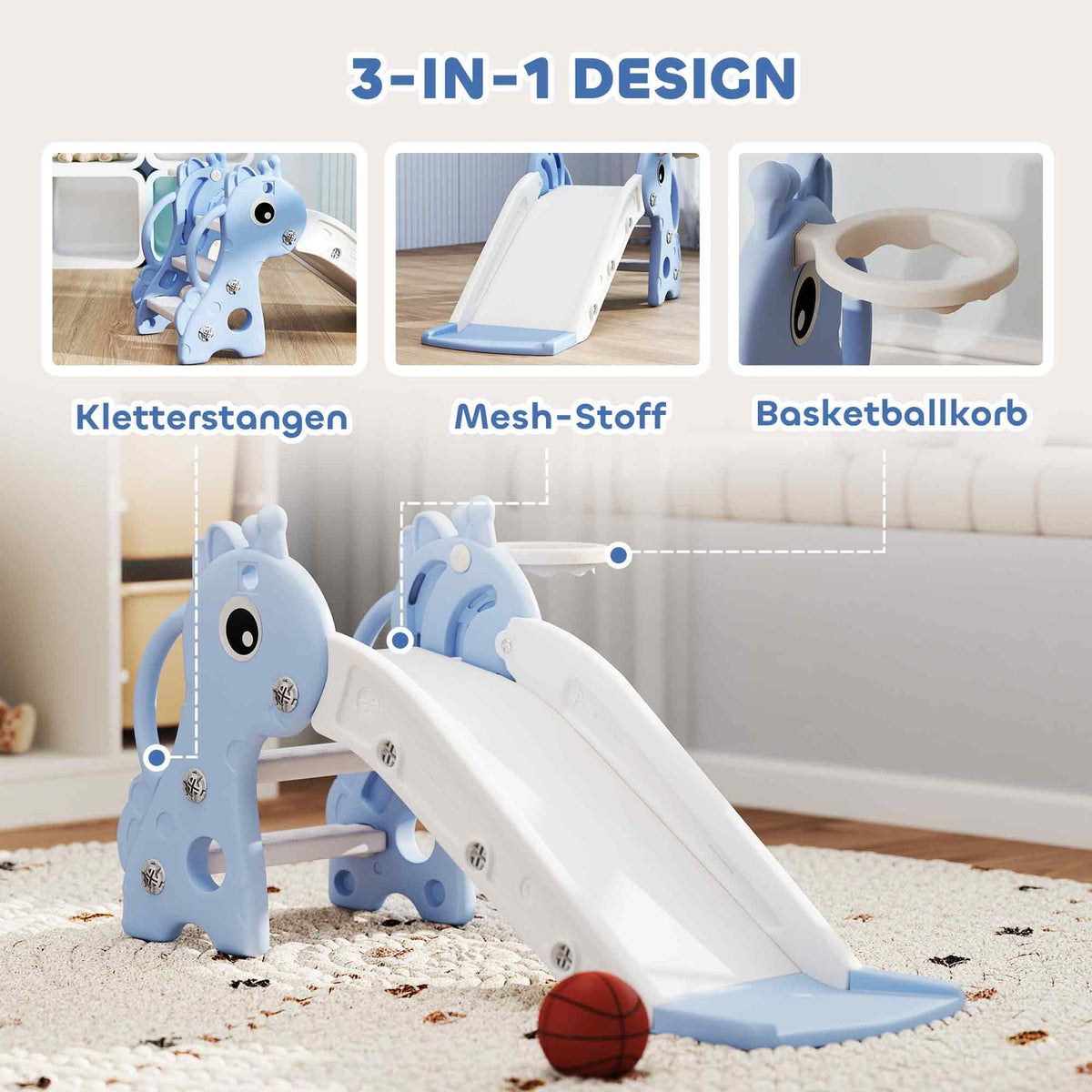 Children's slide, 3 in 1, toddler slide with basketball hoop, slide with basketball for children 1 to 3 years, indoor, blue 106 x 51.5 x 52 cm