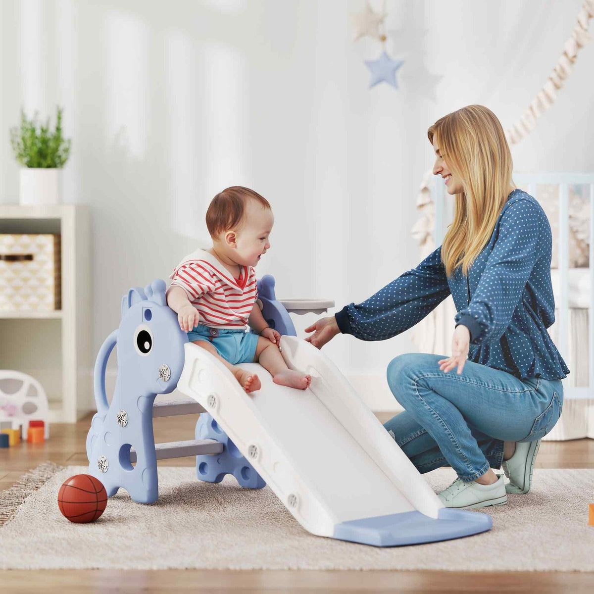 Children's slide, 3 in 1, toddler slide with basketball hoop, slide with basketball for children 1 to 3 years, indoor, blue 106 x 51.5 x 52 cm
