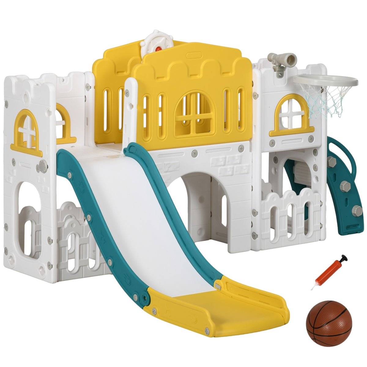 Children's slide, 7 in 1, toddler slide with basketball hoop, climbing frame, telescope, tunnel, steering wheel, platform walk, storage basket, children's playground for 1 to 3 years children