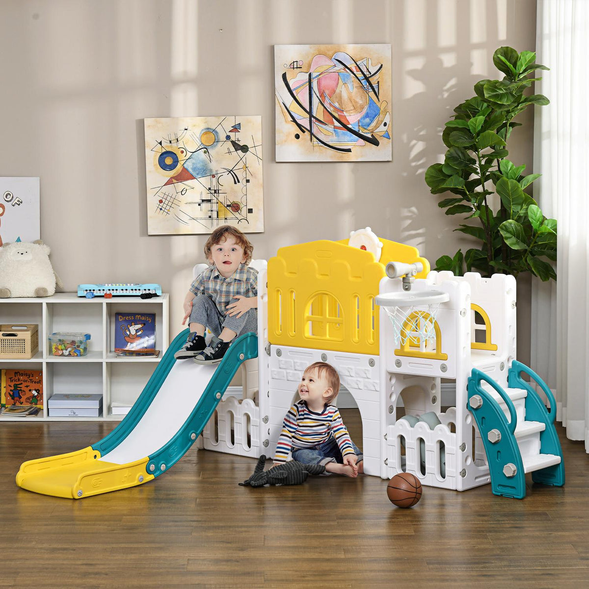 Children's slide, 7 in 1, toddler slide with basketball hoop, climbing frame, telescope, tunnel, steering wheel, platform walk, storage basket, children's playground for 1 to 3 years children