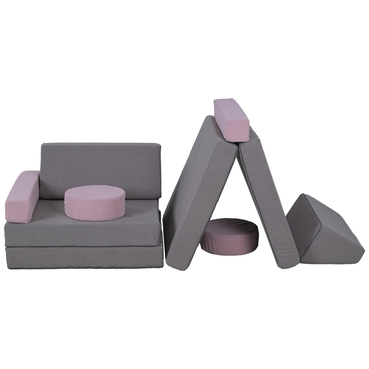 Children's sofa, 12-piece modular children's couch made of foam, soft building blocks, play sofa for children from 18 months, children's room or playroom grey/pink