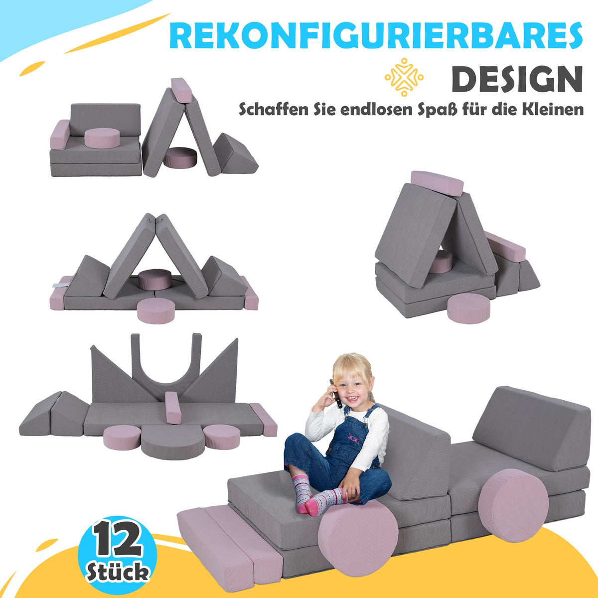 Children's sofa, 12-piece modular children's couch made of foam, soft building blocks, play sofa for children from 18 months, children's room or playroom grey/pink