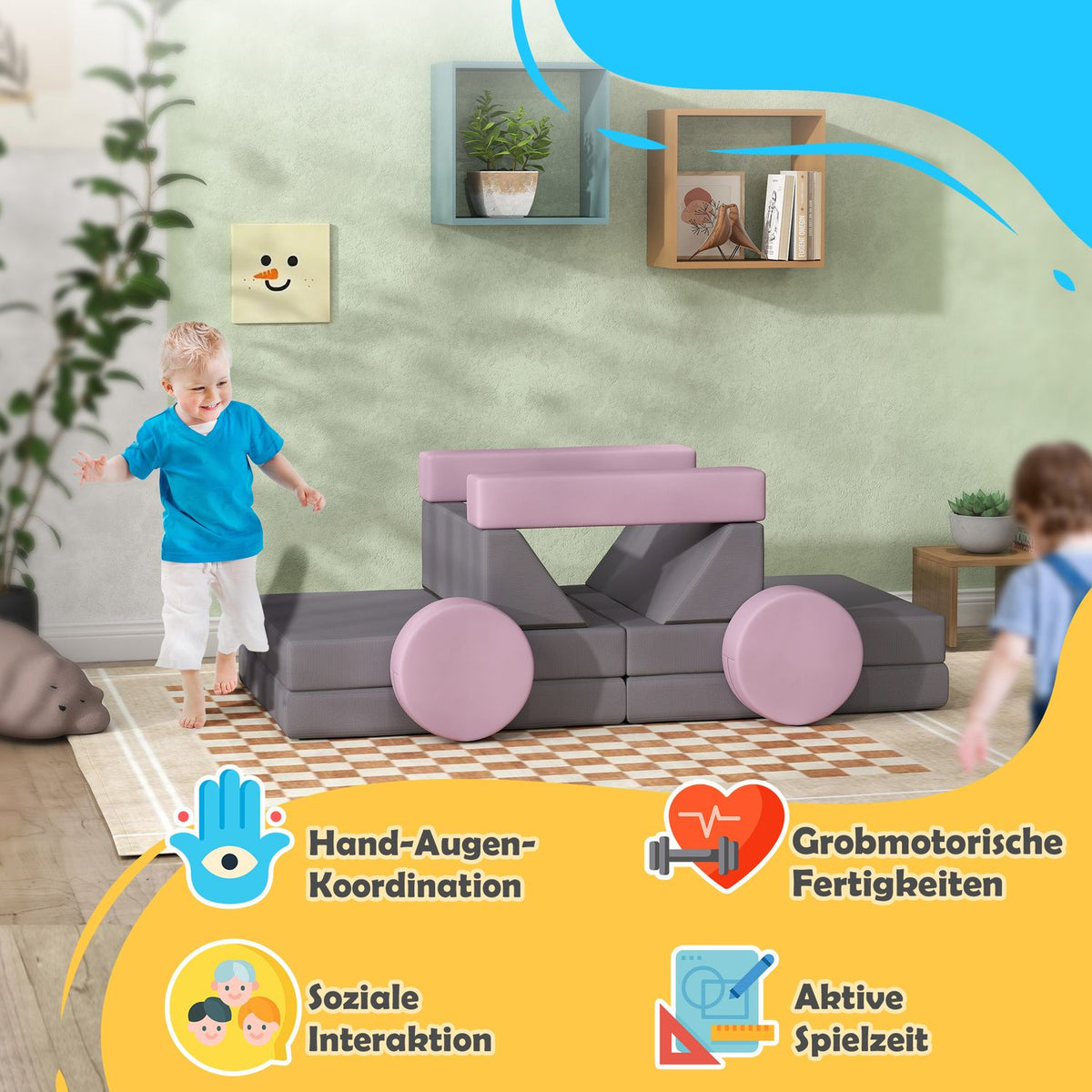Children's sofa, 12-piece modular children's couch made of foam, soft building blocks, play sofa for children from 18 months, children's room or playroom grey/pink