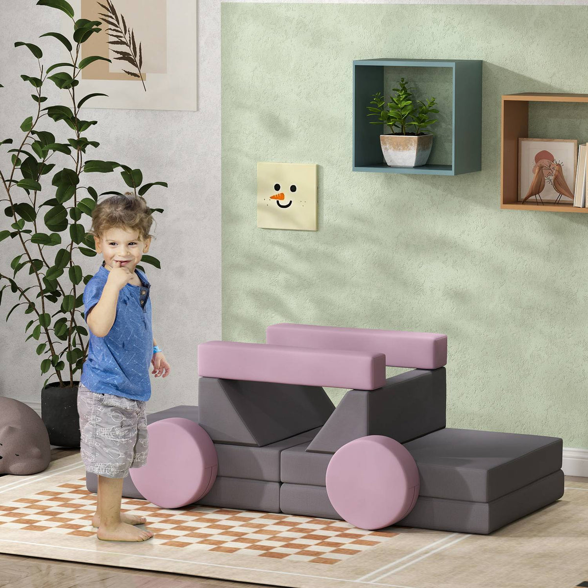 Children's sofa, 12-piece modular children's couch made of foam, soft building blocks, play sofa for children from 18 months, children's room or playroom grey/pink
