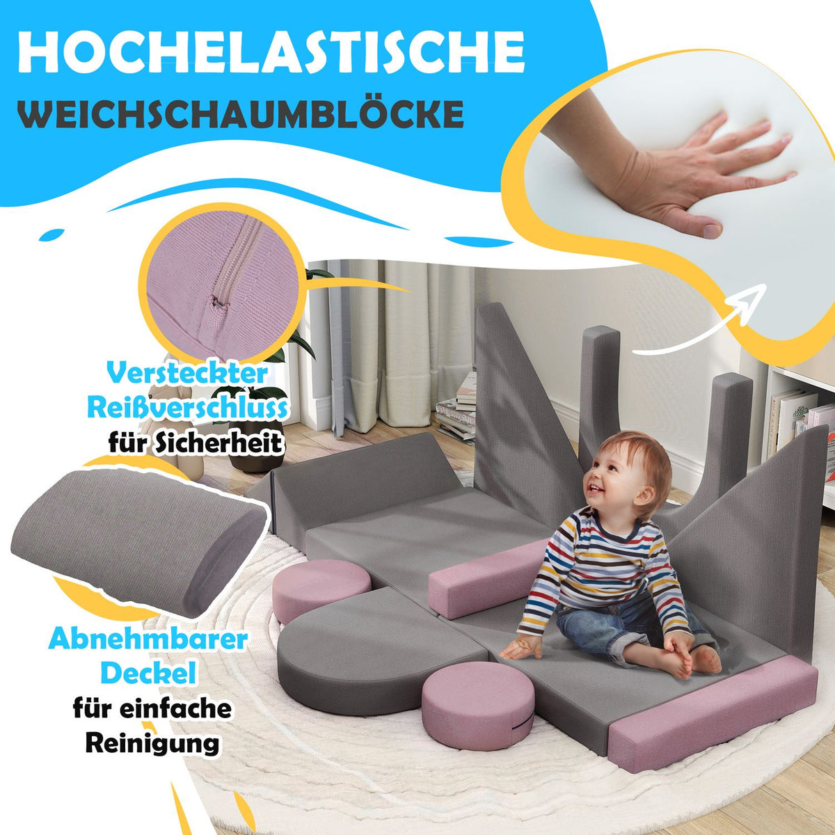 Children's sofa, 12-piece modular children's couch made of foam, soft building blocks, play sofa for children from 18 months, children's room or playroom grey/pink