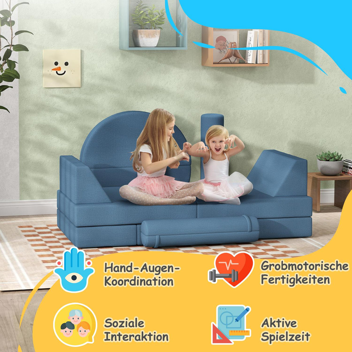 Children's sofa, 14-piece modular children's couch made of foam, soft building blocks, play sofa for children from 18 months, children's room or playroom blue