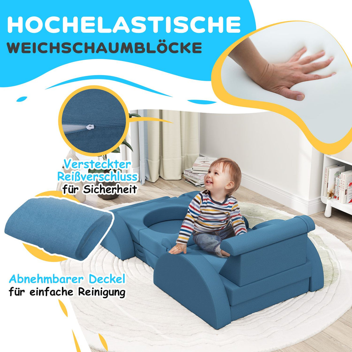 Children's sofa, 14-piece modular children's couch made of foam, soft building blocks, play sofa for children from 18 months, children's room or playroom blue