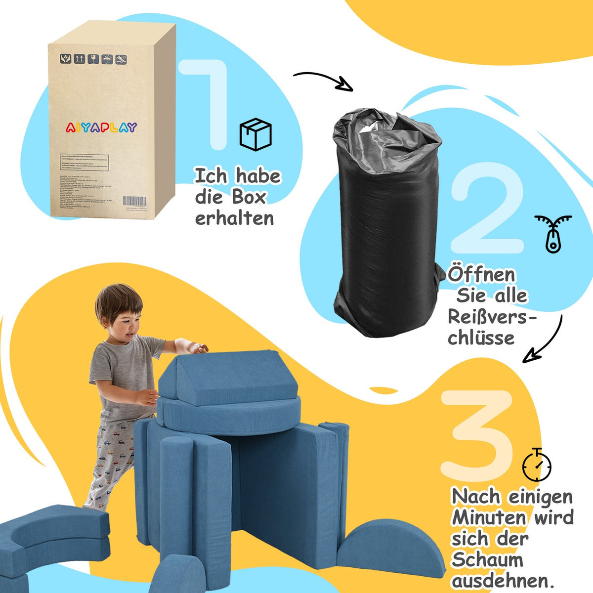 Children's sofa, 14-piece modular children's couch made of foam, soft building blocks, play sofa for children from 18 months, children's room or playroom blue
