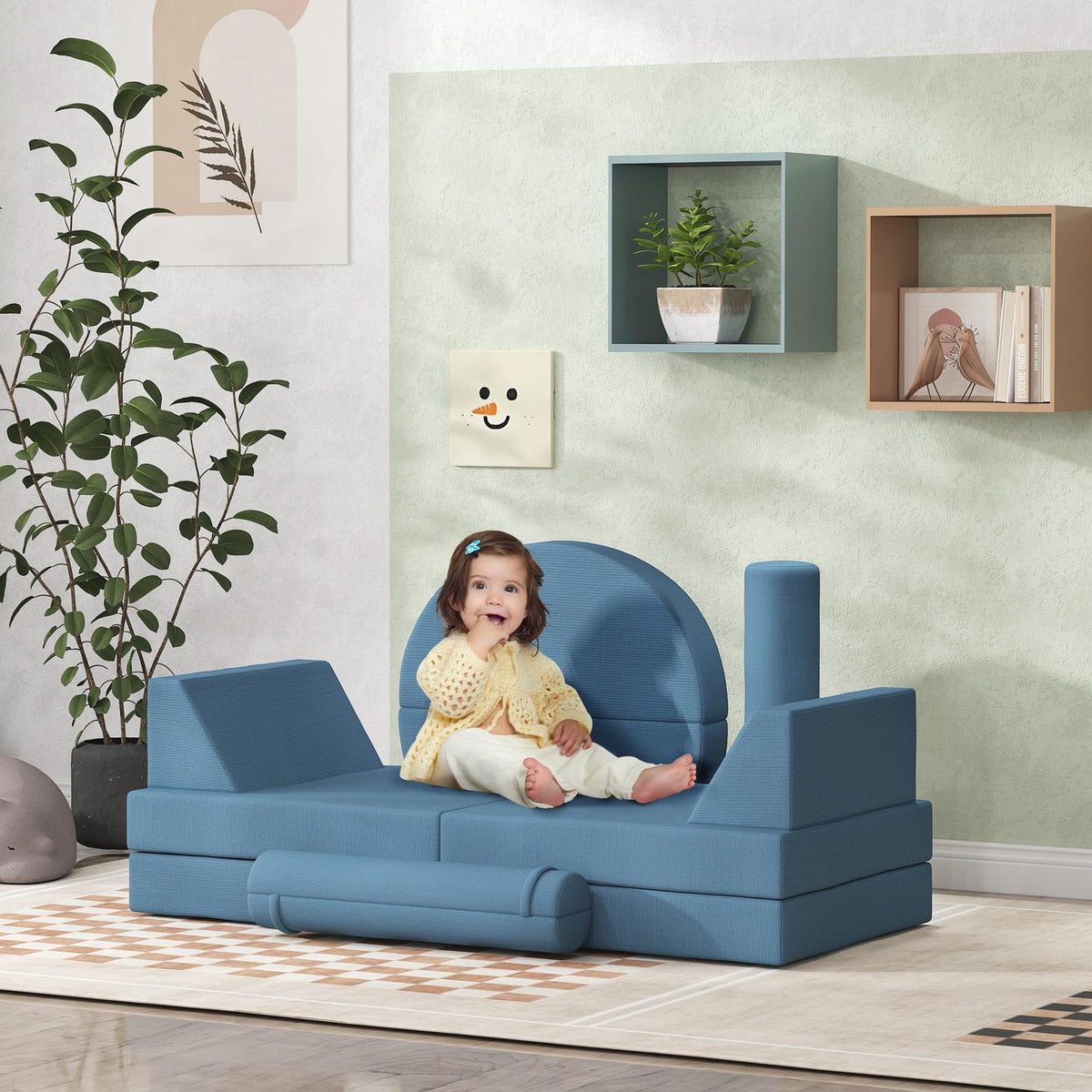 Children's sofa, 14-piece modular children's couch made of foam, soft building blocks, play sofa for children from 18 months, children's room or playroom blue