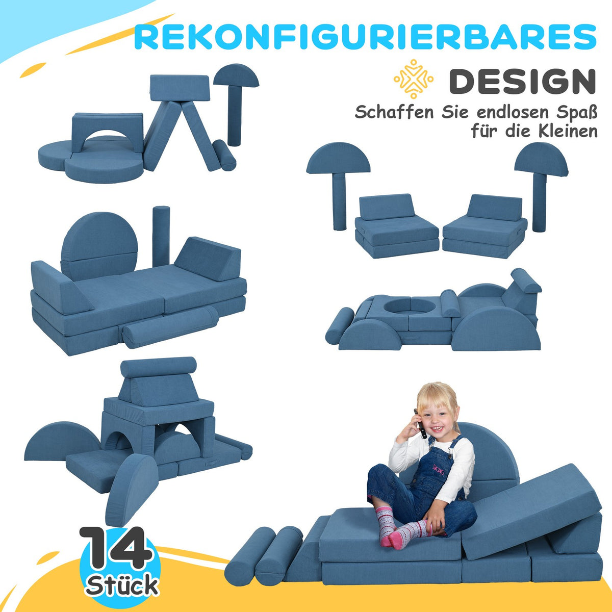 Children's sofa, 14-piece modular children's couch made of foam, soft building blocks, play sofa for children from 18 months, children's room or playroom blue