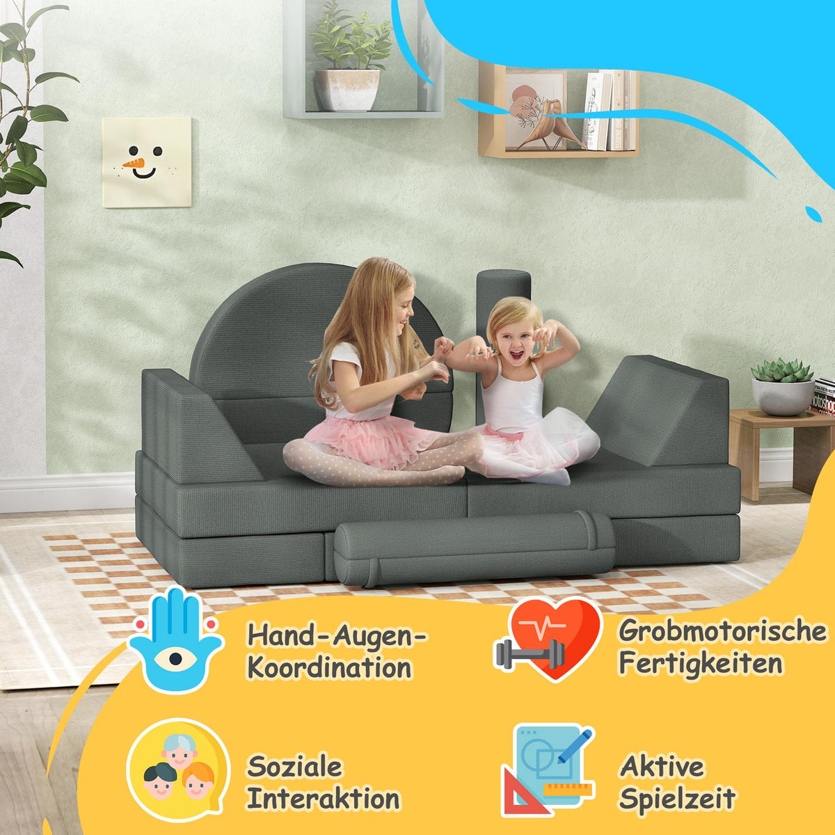 Children's sofa, 14-piece modular children's couch made of foam, soft building blocks, play sofa for children from 18 months, children's room or playroom gray