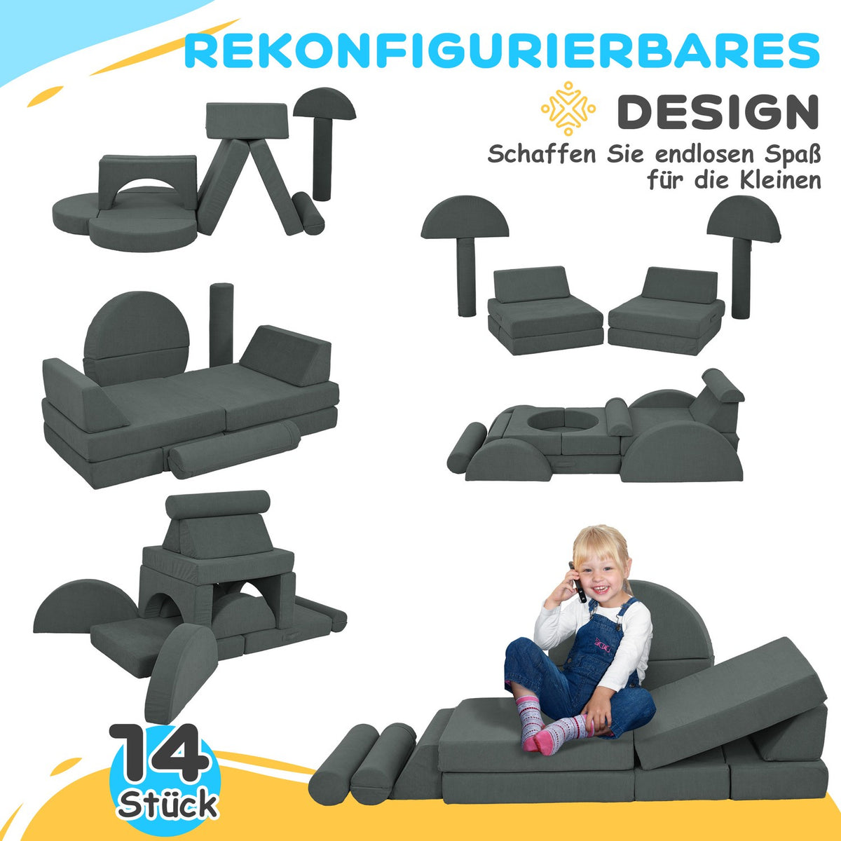 Children's sofa, 14-piece modular children's couch made of foam, soft building blocks, play sofa for children from 18 months, children's room or playroom gray