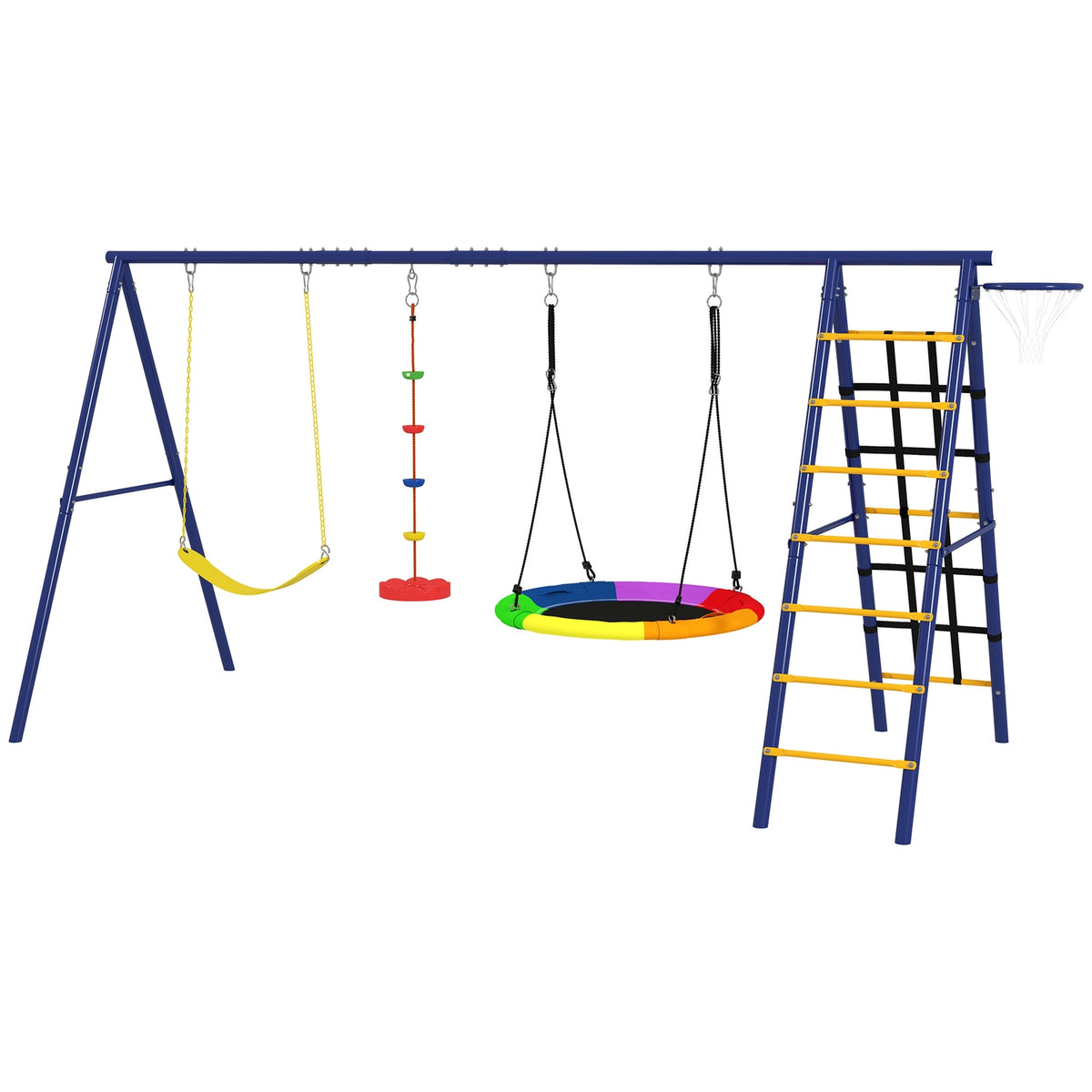 Children's swing set 6 in 1 steel swing frame with belt swing, nest swing, pulley swing, climbing net, climbing ladder and basketball hoop for children 3-8 years