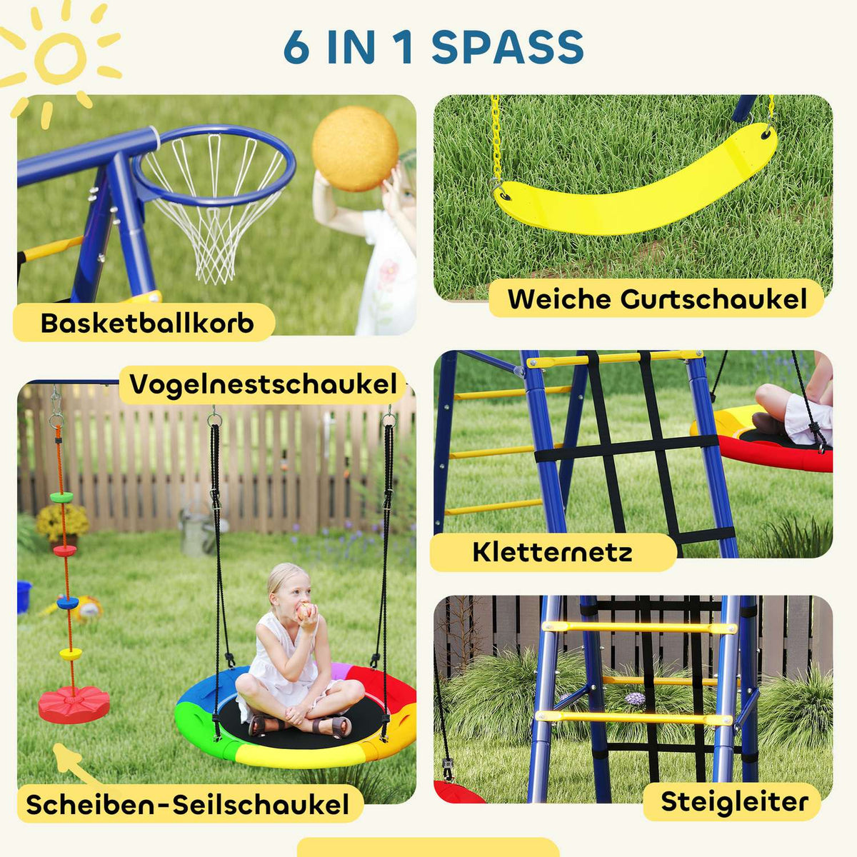 Children's swing set 6 in 1 steel swing frame with belt swing, nest swing, pulley swing, climbing net, climbing ladder and basketball hoop for children 3-8 years