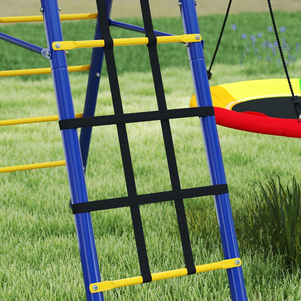 Children's swing set 6 in 1 steel swing frame with belt swing, nest swing, pulley swing, climbing net, climbing ladder and basketball hoop for children 3-8 years