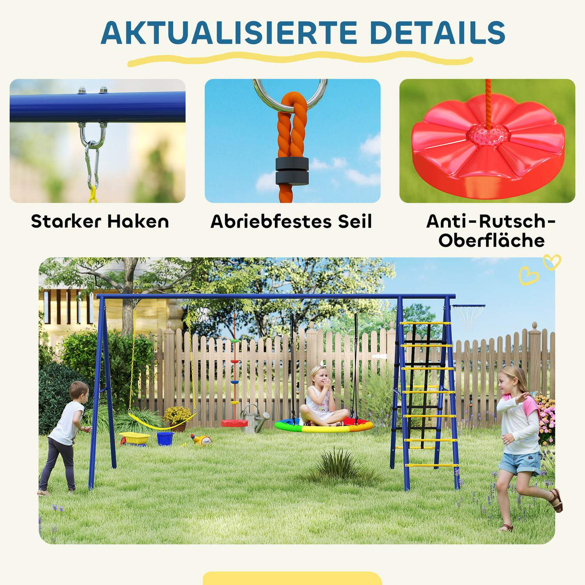 Children's swing set 6 in 1 steel swing frame with belt swing, nest swing, pulley swing, climbing net, climbing ladder and basketball hoop for children 3-8 years