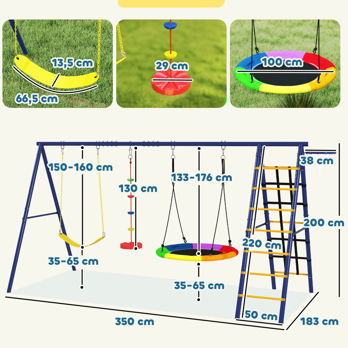 Children's swing set 6 in 1 steel swing frame with belt swing, nest swing, pulley swing, climbing net, climbing ladder and basketball hoop for children 3-8 years