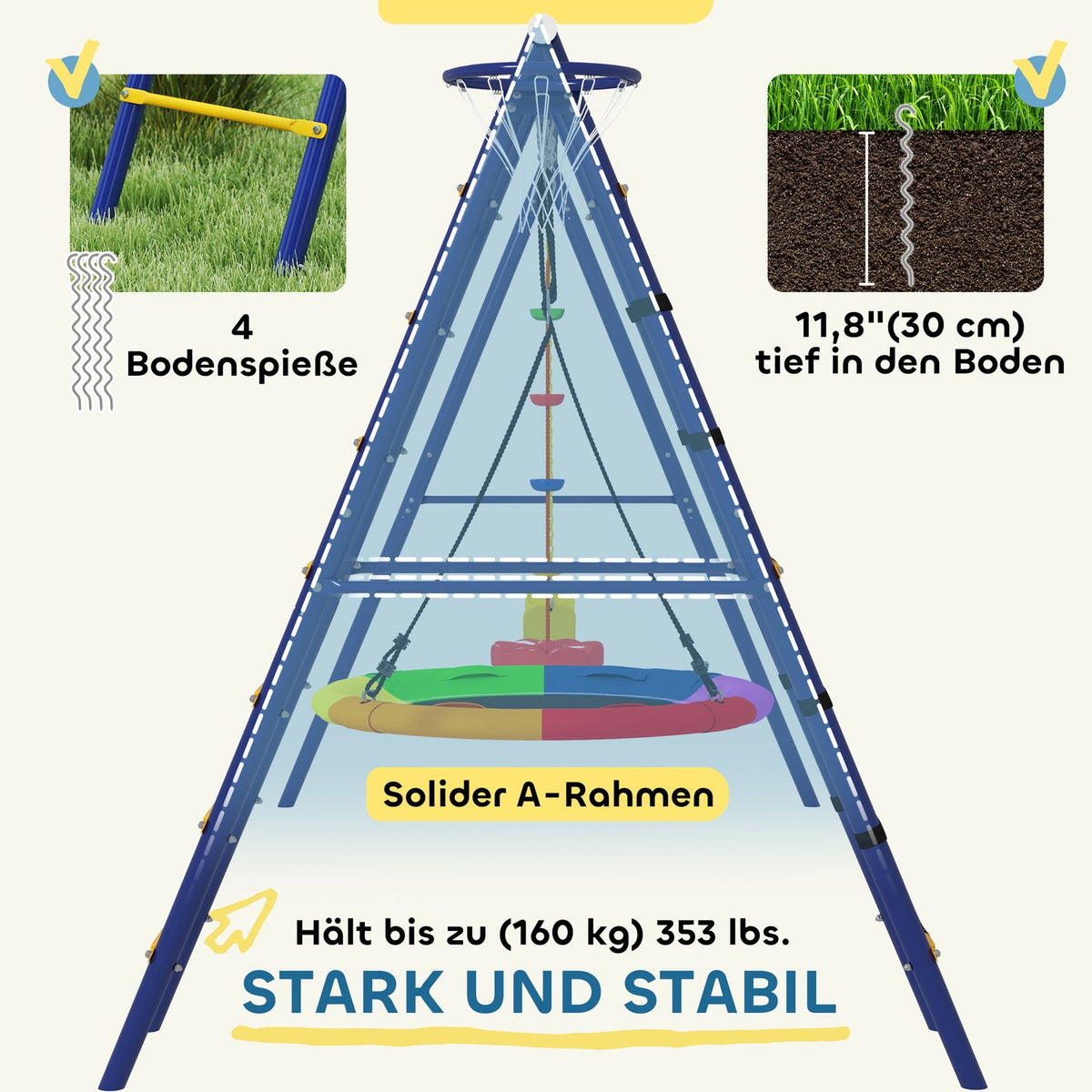 Children's swing set 6 in 1 steel swing frame with belt swing, nest swing, pulley swing, climbing net, climbing ladder and basketball hoop for children 3-8 years