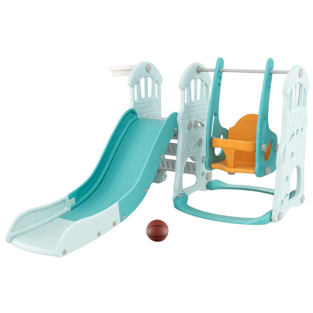 Children's swing with height-adjustable baby slide 4 in 1 swing & slide & basketball hoop & ladder green