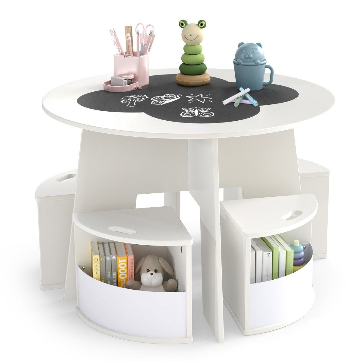 Children's table and chair set, round, 5-piece wooden children's seating group with 4 storage stools, white
