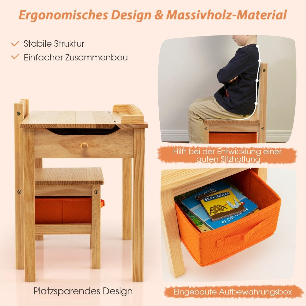Children's table + chair made of solid wood with folding table top & drawer & hooks natural