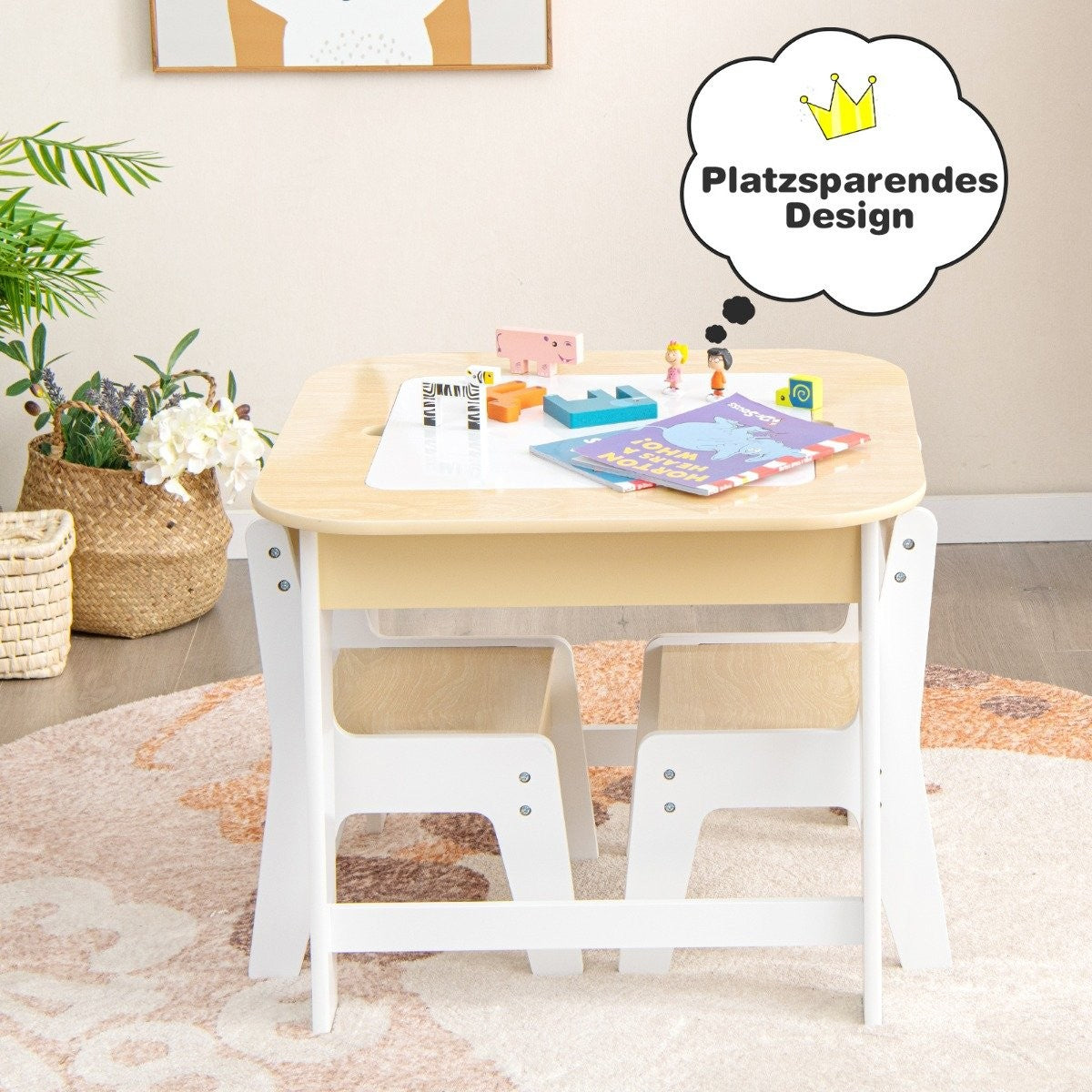 Children's table with 2 chairs 3-piece children's seating group made of wood with double-sided table top