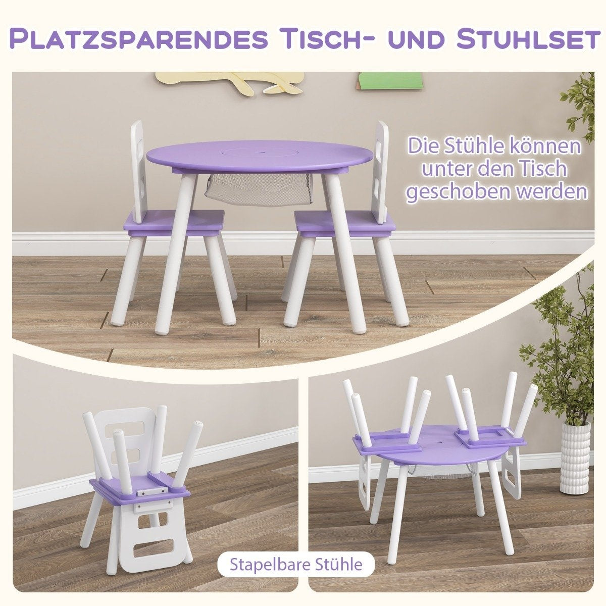 Children's table with 2 chairs 3 pieces. Children's seating set made of wood, children's seating set with removable table cover, purple