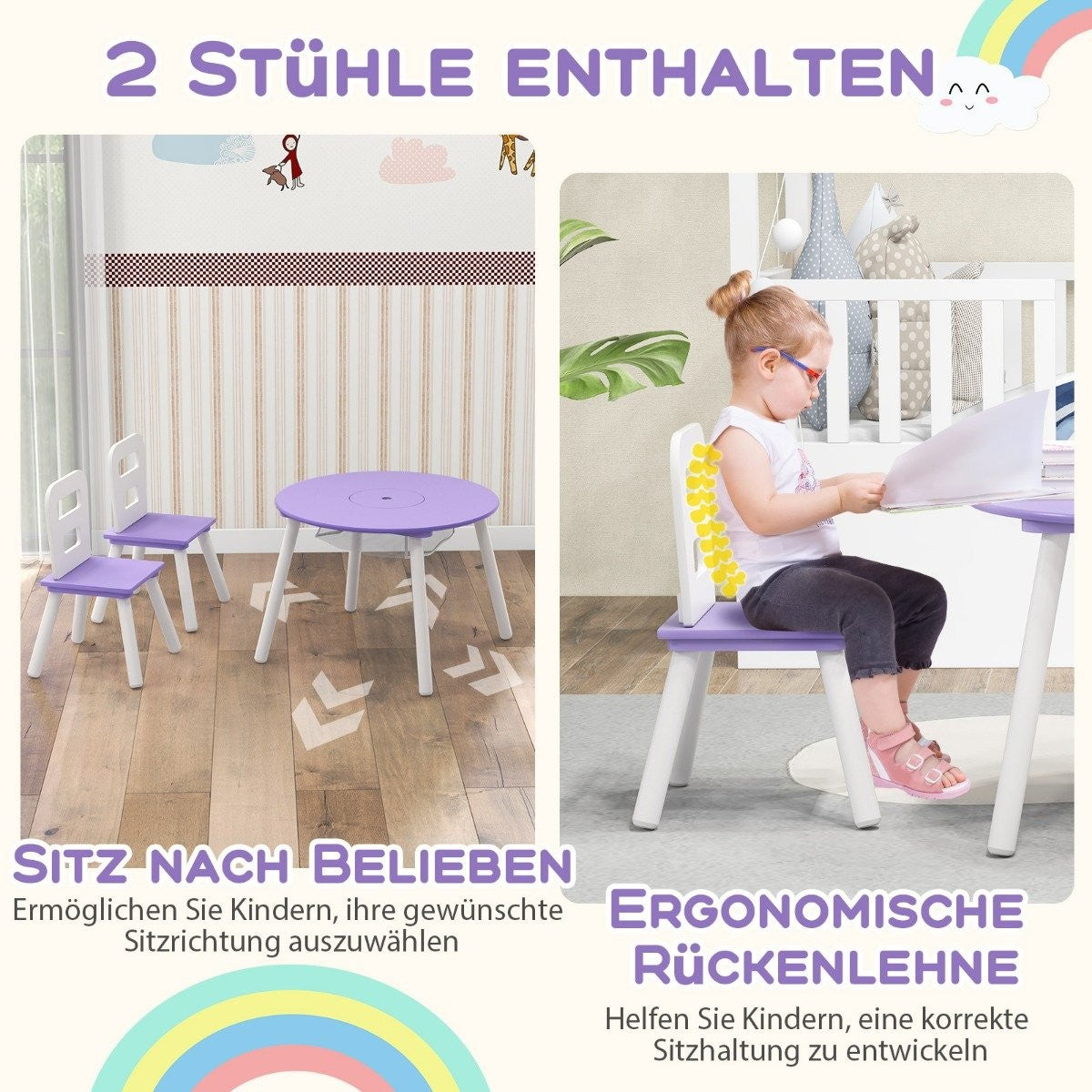 Children's table with 2 chairs 3 pieces. Children's seating set made of wood, children's seating set with removable table cover, purple