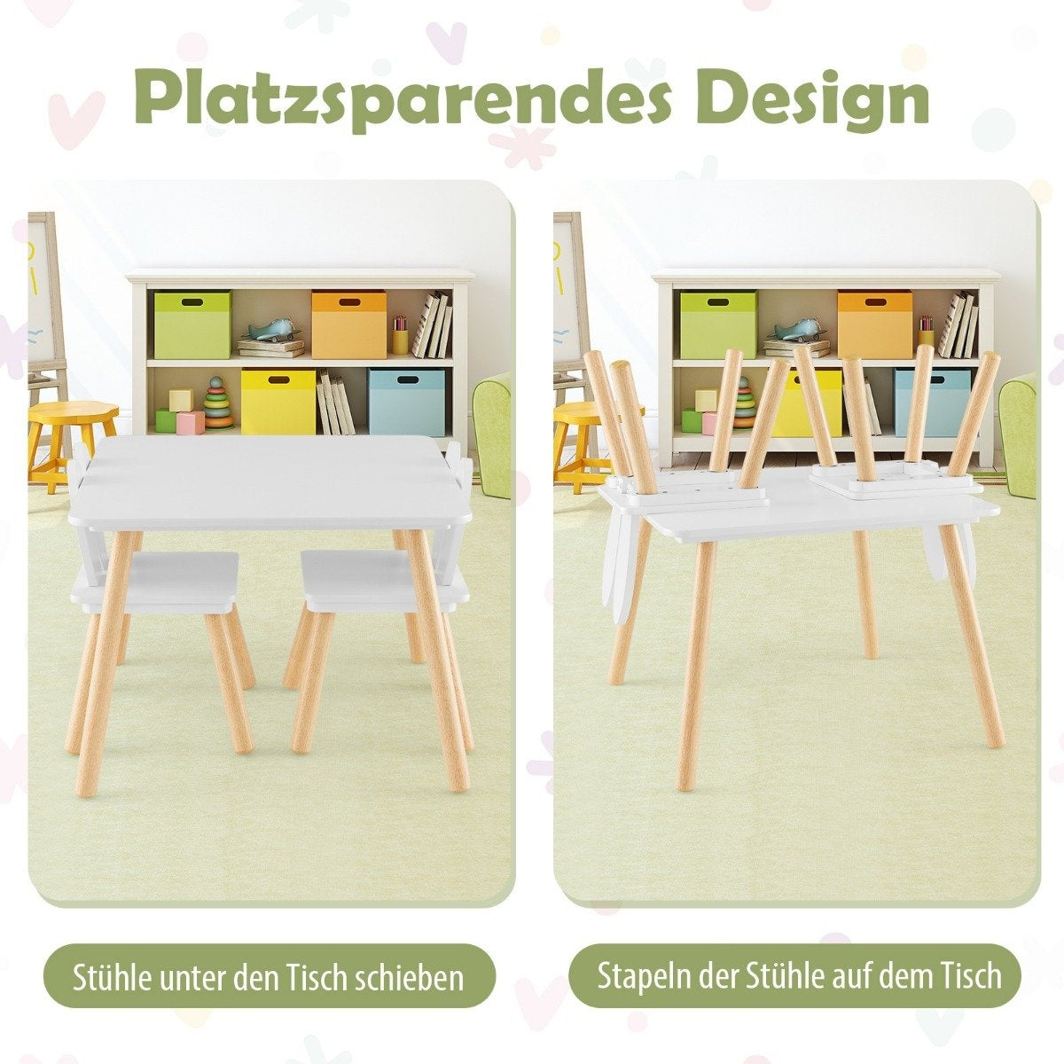 Children's table with 2 chairs (3-piece set). Children's seating group with solid wood legs and bunny ears backrest.