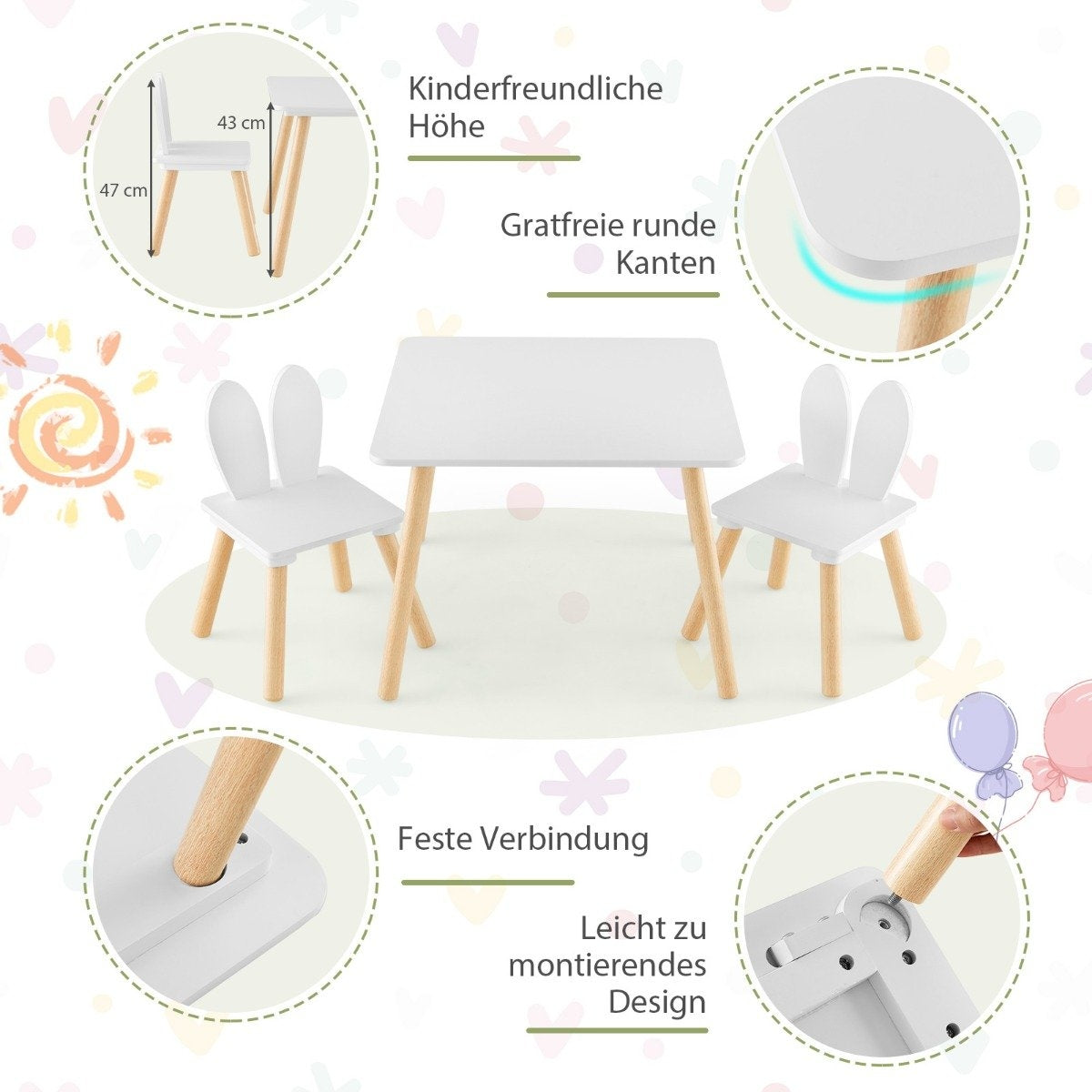 Children's table with 2 chairs (3-piece set). Children's seating group with solid wood legs and bunny ears backrest.