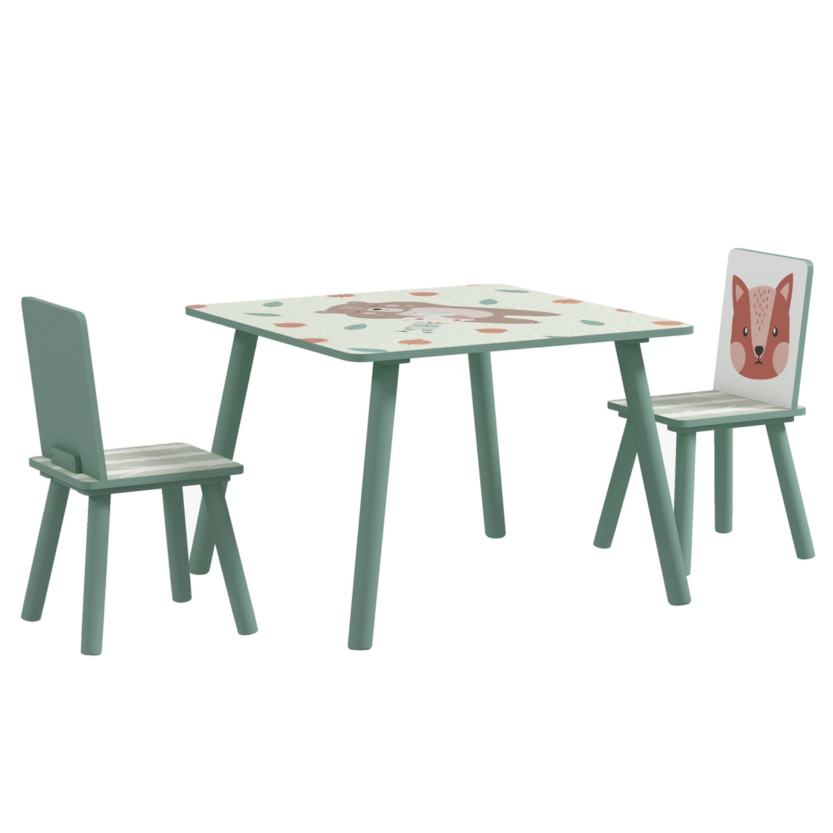 Children's table with 2 chairs, children's seating group with 1 table and 2 chairs, cute animal motif, children's set for children 3-8 years, green