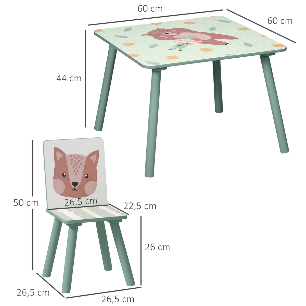 Children's table with 2 chairs, children's seating group with 1 table and 2 chairs, cute animal motif, children's set for children 3-8 years, green