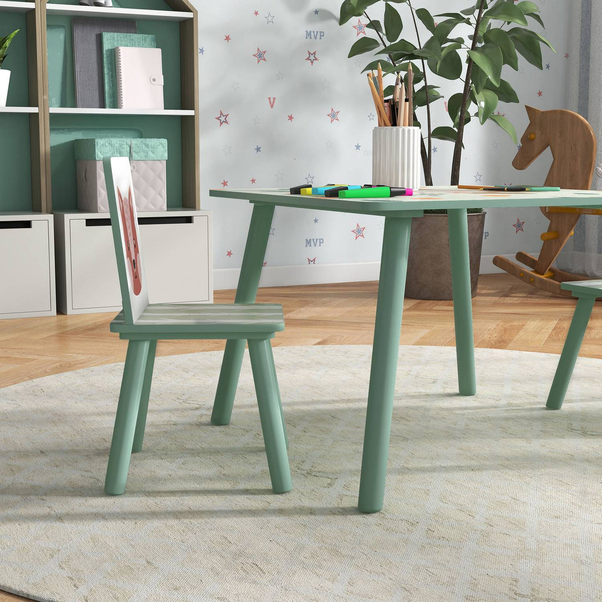 Children's table with 2 chairs, children's seating group with 1 table and 2 chairs, cute animal motif, children's set for children 3-8 years, green
