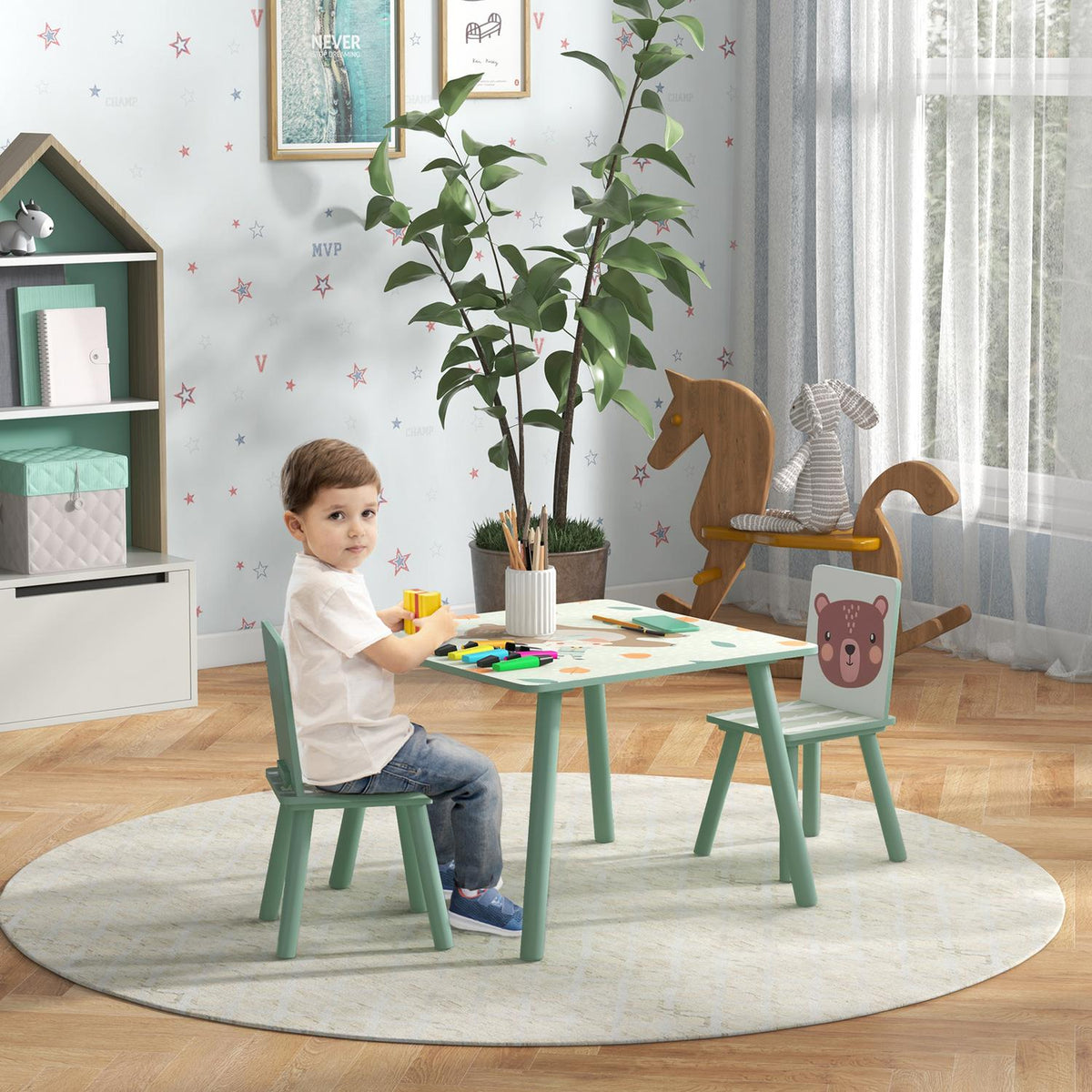 Children's table with 2 chairs, children's seating group with 1 table and 2 chairs, cute animal motif, children's set for children 3-8 years, green
