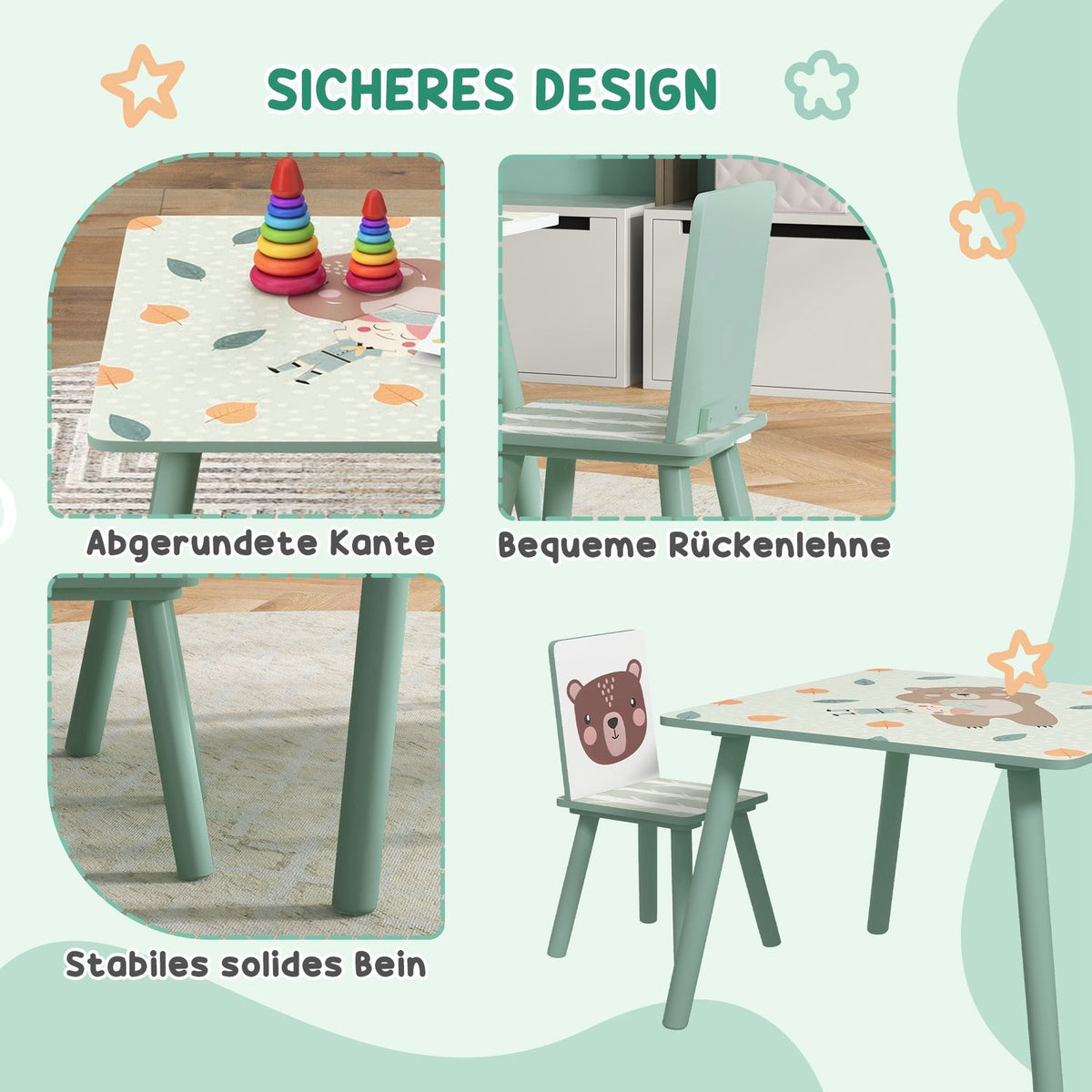 Children's table with 2 chairs, children's seating group with 1 table and 2 chairs, cute animal motif, children's set for children 3-8 years, green