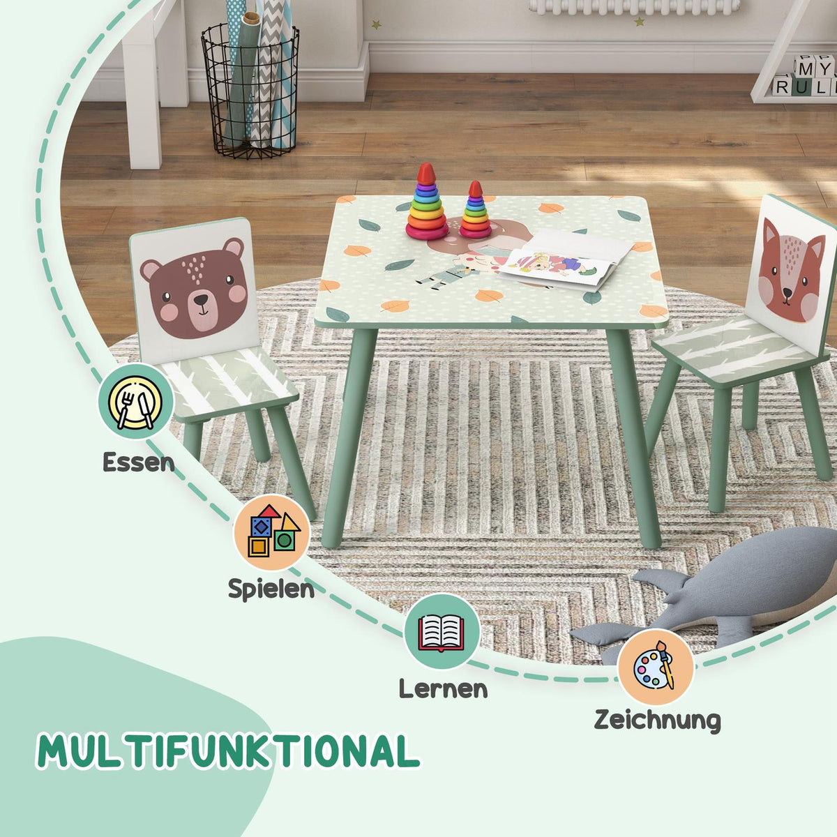 Children's table with 2 chairs, children's seating group with 1 table and 2 chairs, cute animal motif, children's set for children 3-8 years, green