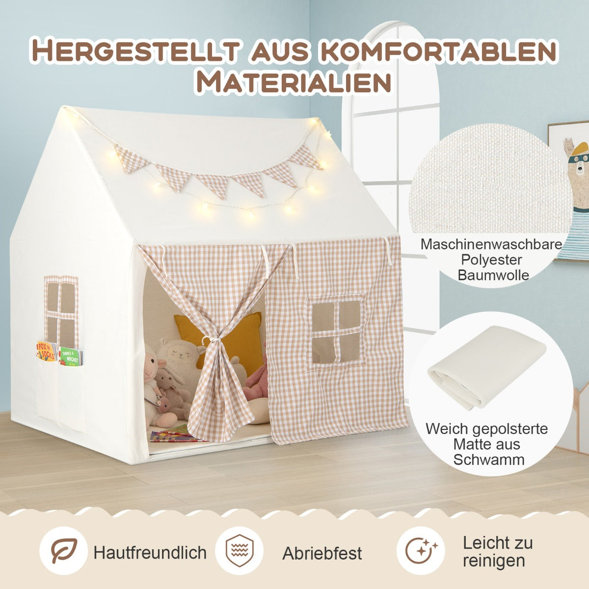 Children's tent for indoors, children's playhouse with mat & lights, 125 x 100 x 127 cm, beige