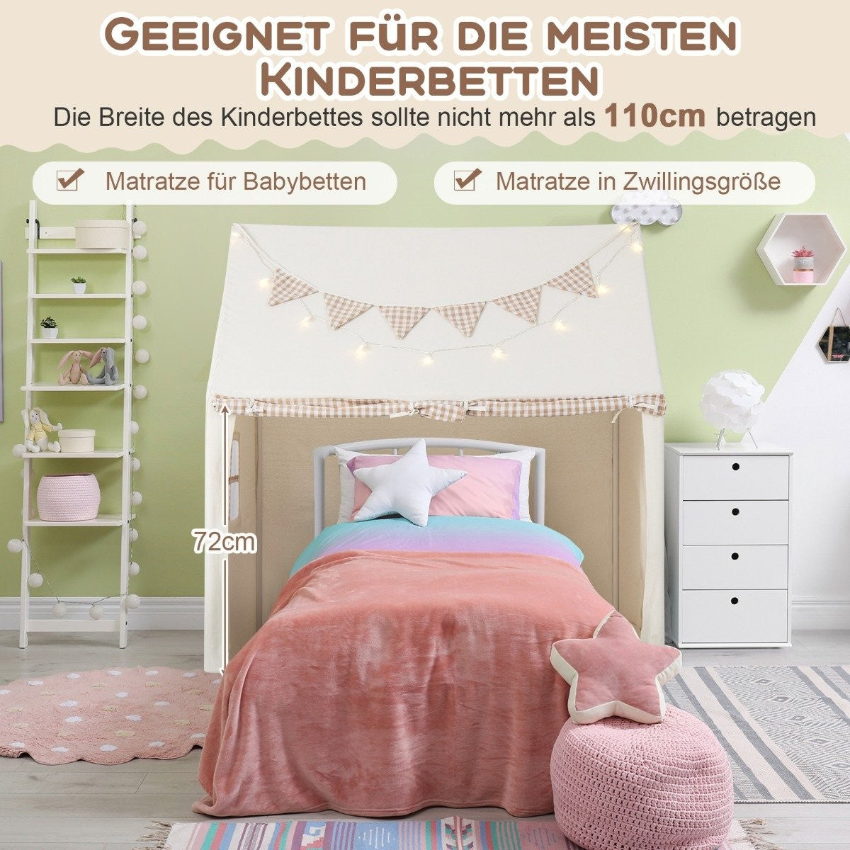 Children's tent for indoors, children's playhouse with mat & lights, 125 x 100 x 127 cm, beige