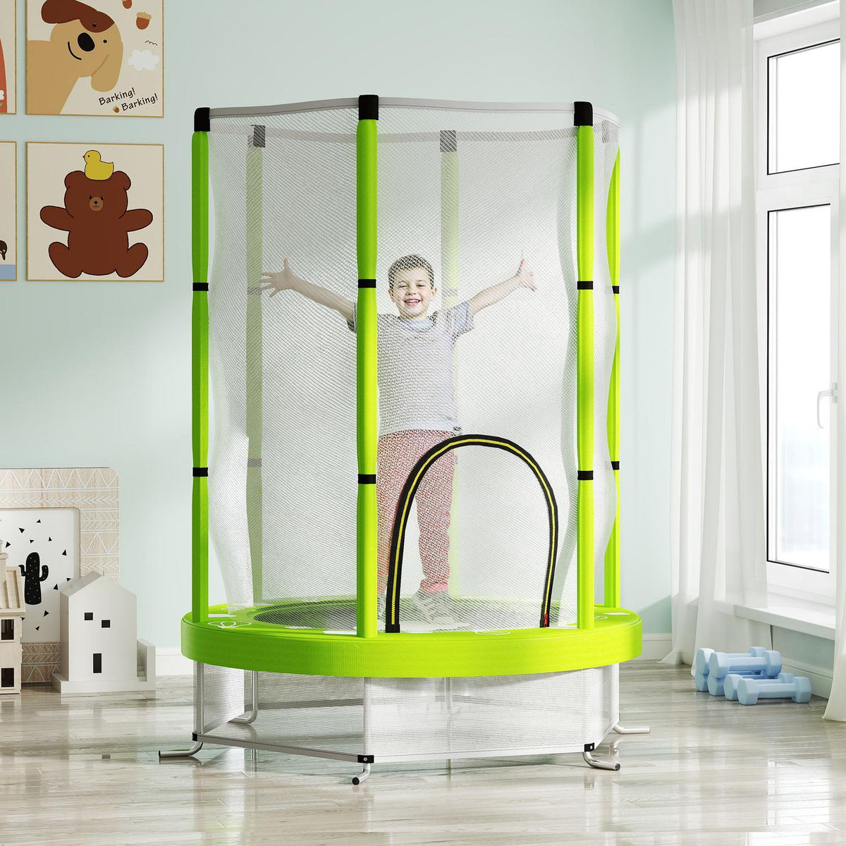 Children's trampoline Ø140 cm, indoor trampoline with safety net edge cover rubber rope, children's trampoline with door with zip, cloud pattern, for children 3-6 years green |
