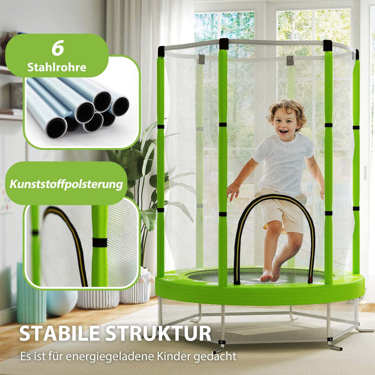 Children's trampoline Ø140 cm, indoor trampoline with safety net edge cover rubber rope, children's trampoline with door with zip, cloud pattern, for children 3-6 years green |