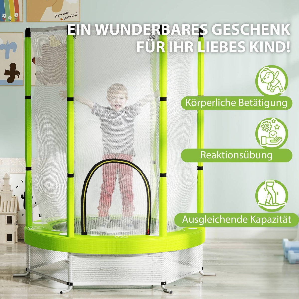 Children's trampoline Ø140 cm, indoor trampoline with safety net edge cover rubber rope, children's trampoline with door with zip, cloud pattern, for children 3-6 years green |