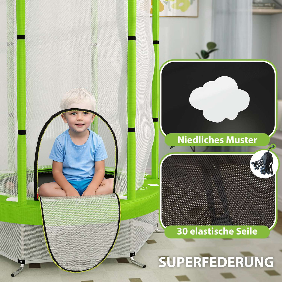 Children's trampoline Ø140 cm, indoor trampoline with safety net edge cover rubber rope, children's trampoline with door with zip, cloud pattern, for children 3-6 years green |