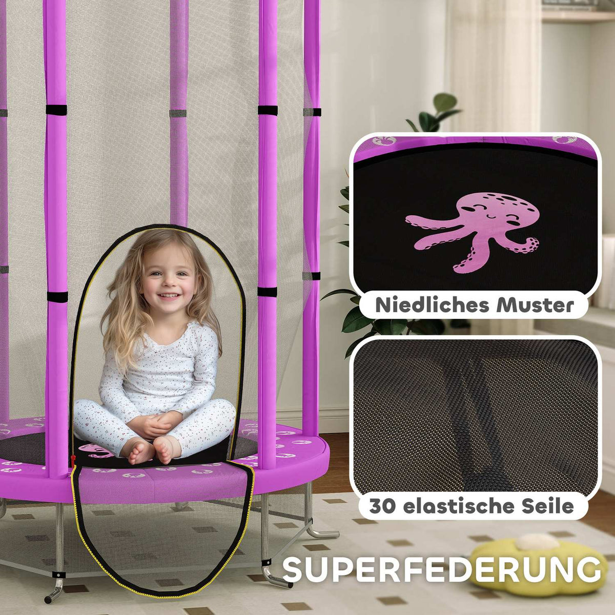 Children's trampoline Ø140 cm, indoor trampoline with safety net edge cover rubber rope, children's trampoline with door with zip, cloud pattern, for children 3-6 years purple |