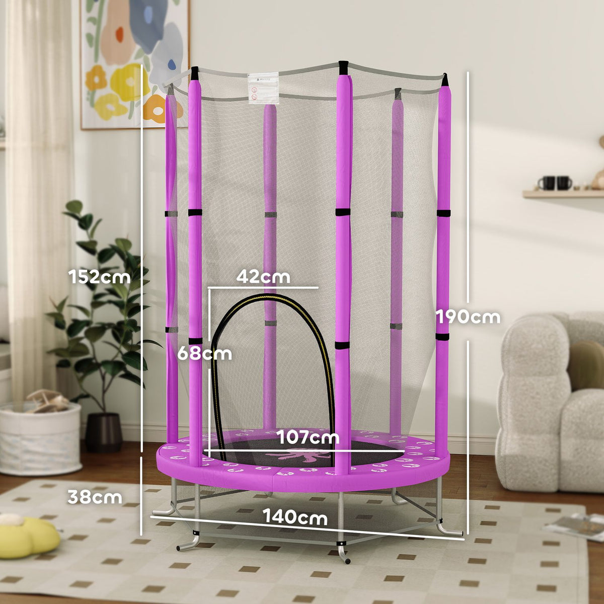 Children's trampoline Ø140 cm, indoor trampoline with safety net edge cover rubber rope, children's trampoline with door with zip, cloud pattern, for children 3-6 years purple |