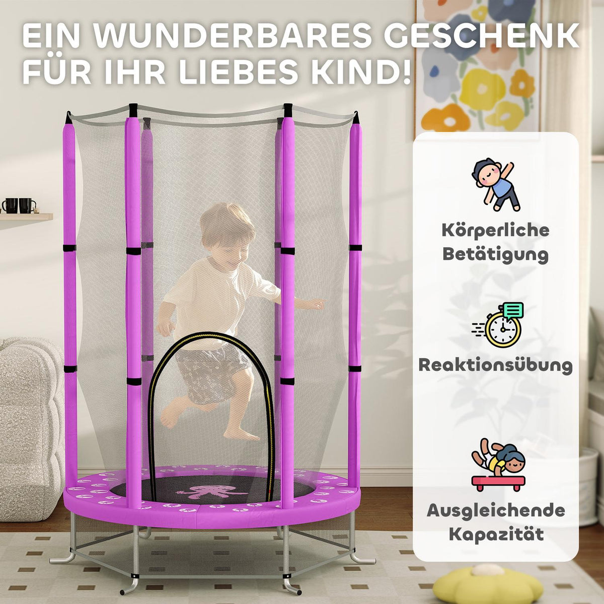 Children's trampoline Ø140 cm, indoor trampoline with safety net edge cover rubber rope, children's trampoline with door with zip, cloud pattern, for children 3-6 years purple |