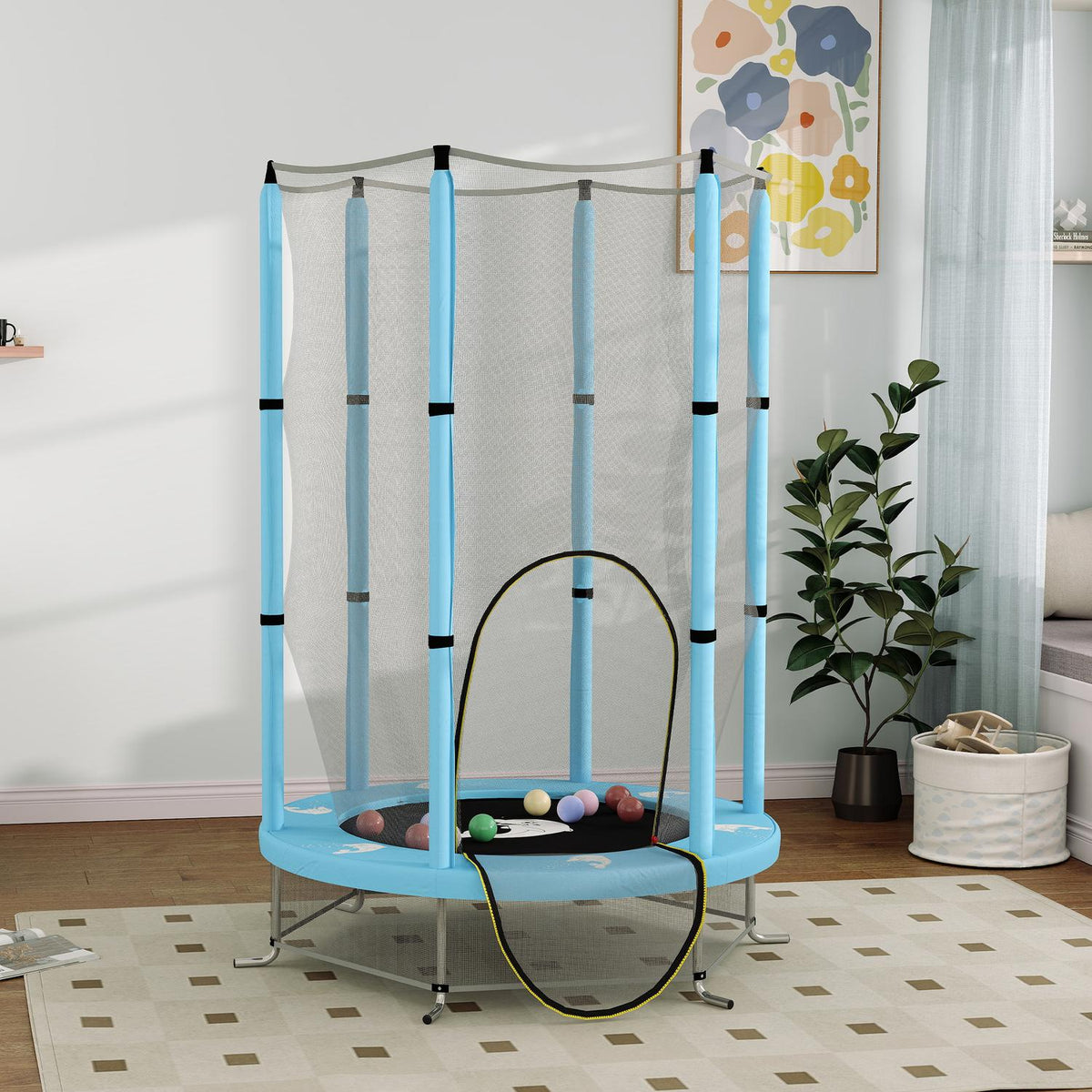Children's trampoline Ø140 cm, indoor trampoline with safety net edge cover rubber rope, children's trampoline with door with zip, squid pattern, for children 3-6 years light blue |